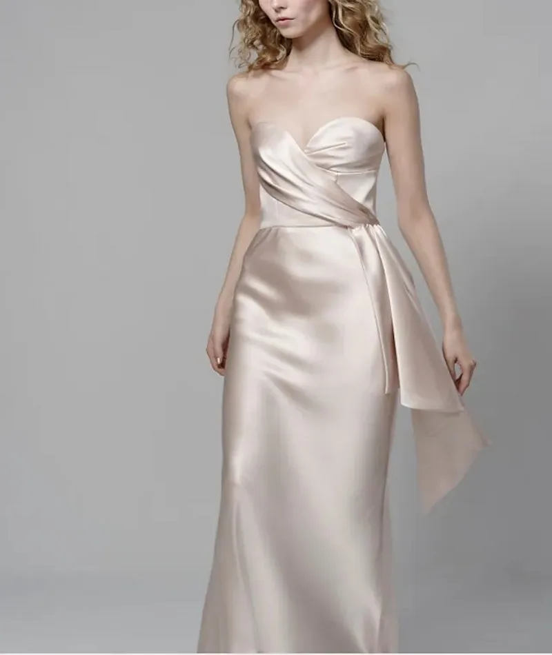 

Simple Champagne Satin Evening Formal Dress 2025 Mermaid Strapless Ruffles Prom Party Gown Vestidos Robe De Soiree