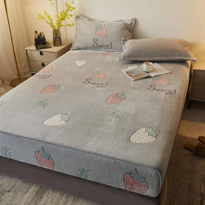 25Bed Linen Elastic Fitted Sheet Home Coral Fleece Single Double Mattress Cover Winter Warm Bed Sheet 90x200 180x200cm Bedspread