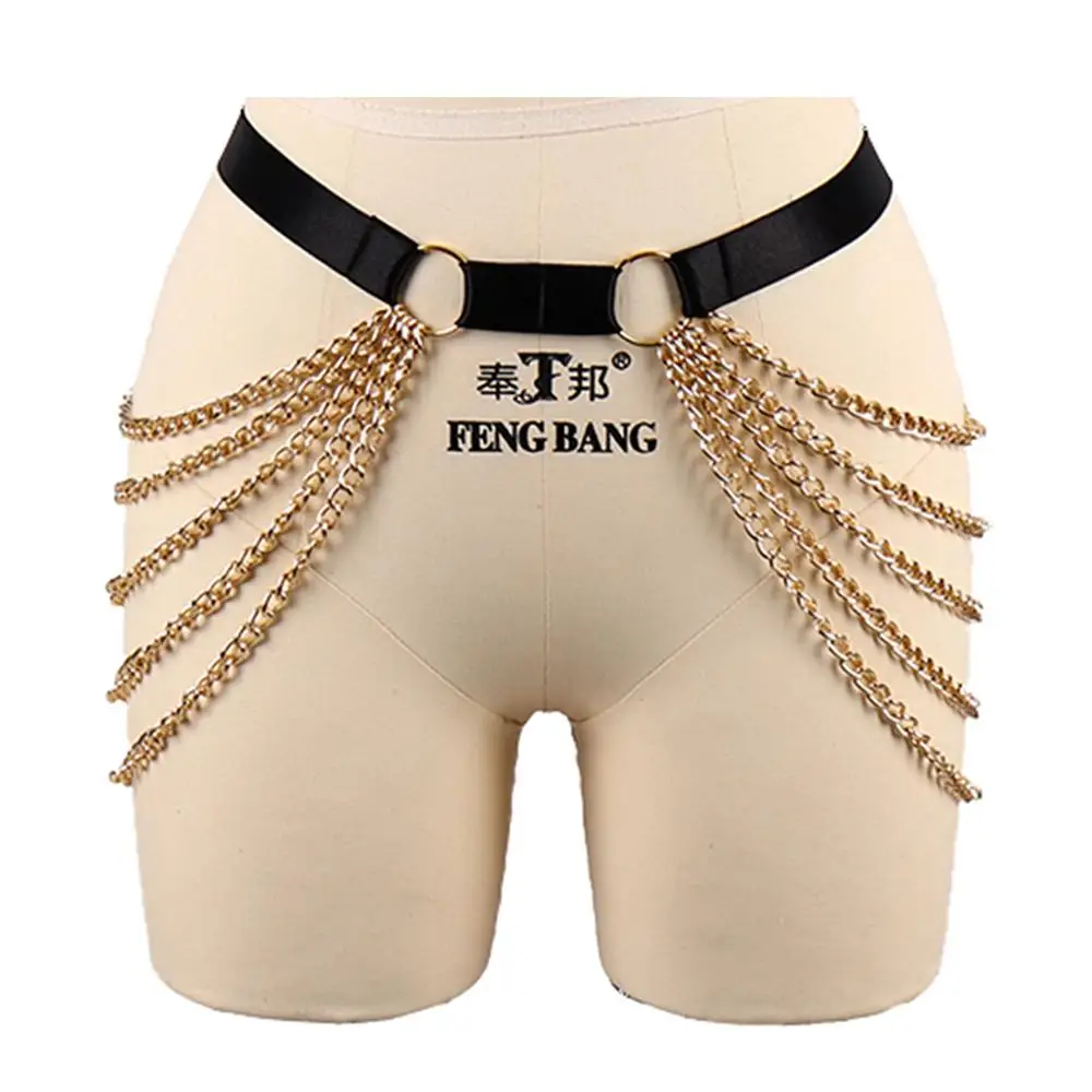 Pastel Goth Body Chain Gold Metal Ring Thigh Strappy Black Waist Suspender Elastic Body Harness Garter Women Bikini Club Dance