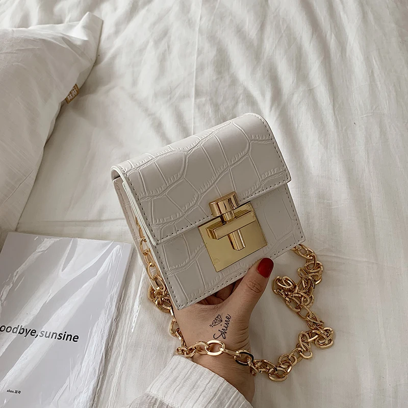 2022 Stone pattern Mini Square Crossbody Bag New Quality PU Leather Women's Designer Handbag Lock Chain Shoulder Messenger Bag