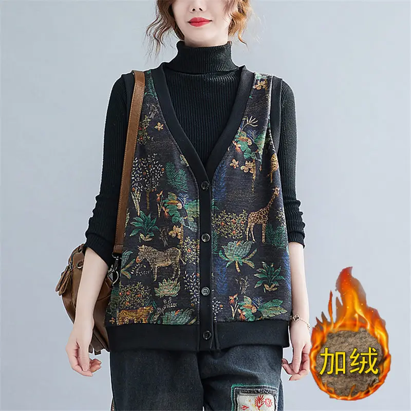 2021 Retro Print Plus Velvet Warm Vest Cardigan Jacket Women Large Size Casual Coat Sleeveless V-Neck Autumn Waistcoat Top M1286