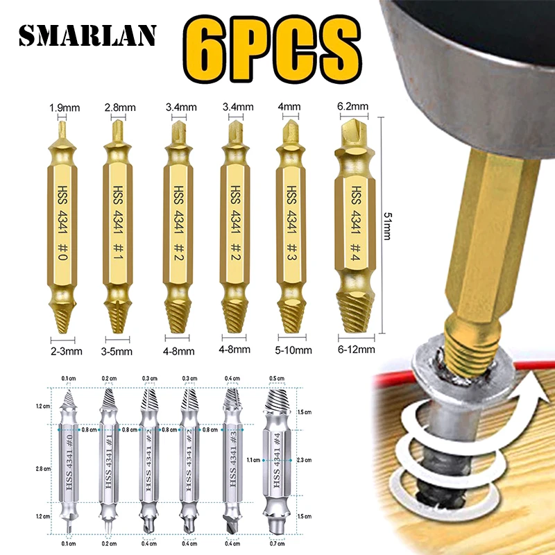 SMARLAN 6 Buah Set Mata Bor Ekstraktor Sekrup Rusak Ekstraktor Penghilang Baut Sekrup Rusak dengan Mudah Mengeluarkan Alat Pembongkaran
