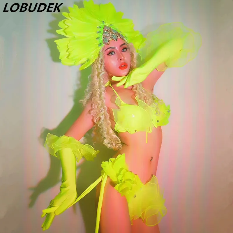 

Bar Nightclub Sexy DJ Gogo Dance Costume Fluorescent Green Feather Crystal Headdress Bikini Rave Outfits Dancer Festival Clothes