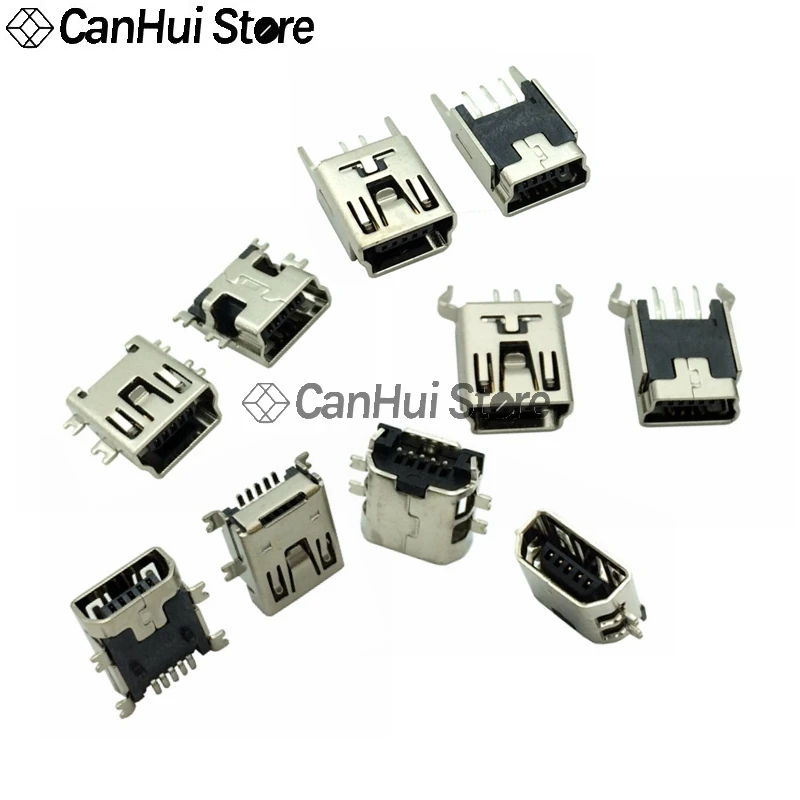 10PCS Mini USB B-Type 5pin Female Socket 2/4pin Bent Foot T-shaped Straight foot Vertical patch Sink plate Copper Jack Connector