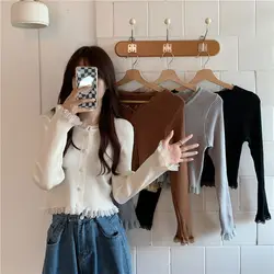 Solid Lovely Women Casual Fashion Sweater Buttons Up Rib Knitted O Neck Ropa Mujer Long Sleeve Basic Cardigan Harajuku Lace Top