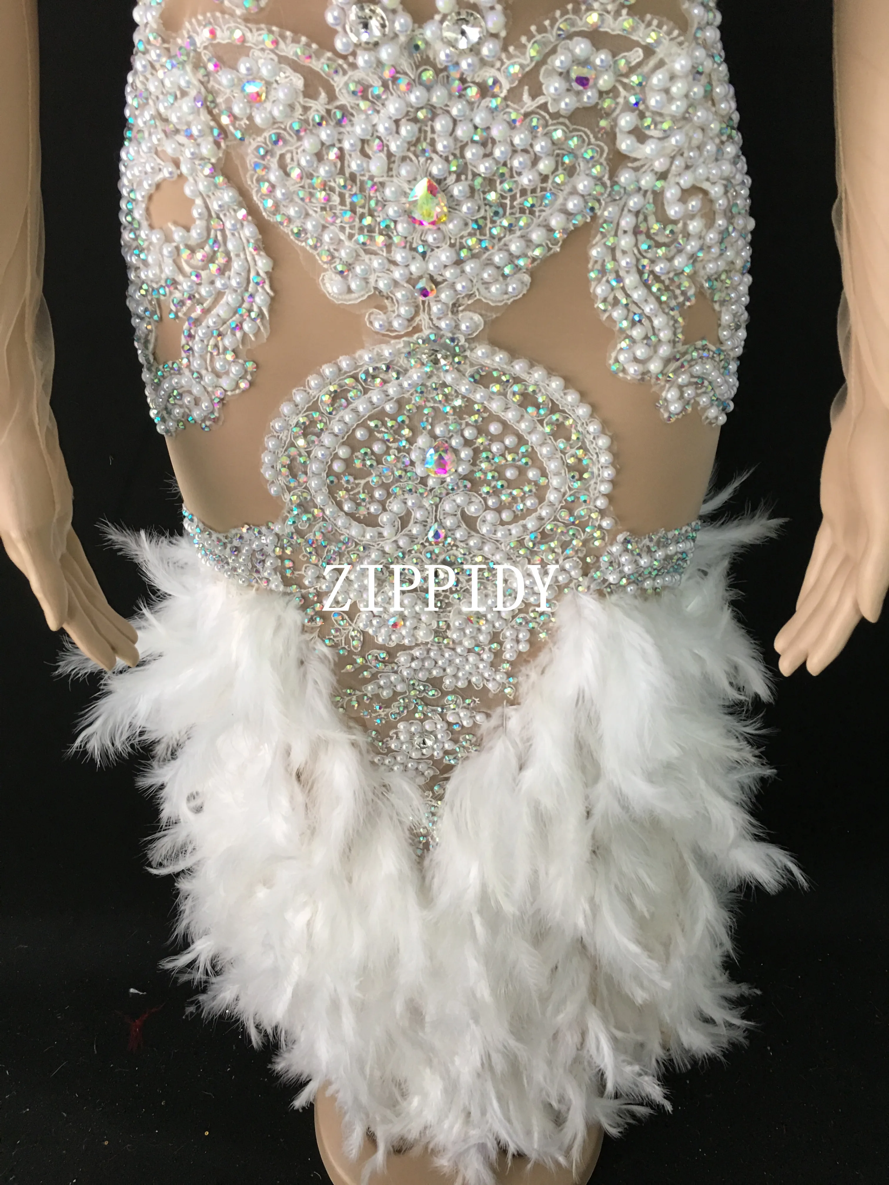 See Through AB Stones Pearls Dress White Feather Prom Outfit Bar Women\'s Birthday Celebrate Dress Dancer Long Dresses