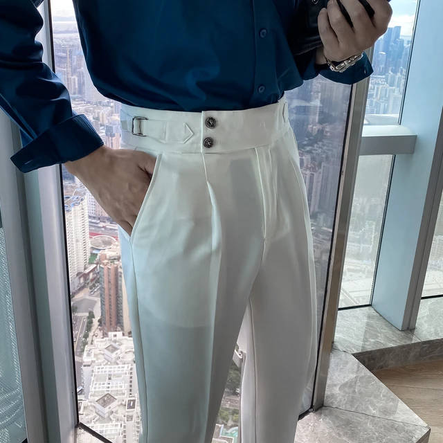 Pantalones de vestir de negocios para hombres pantalones de temperamento de Color solido traje Delgado informal britanico ropa de calle de boda de cintura alta otono AliExpress