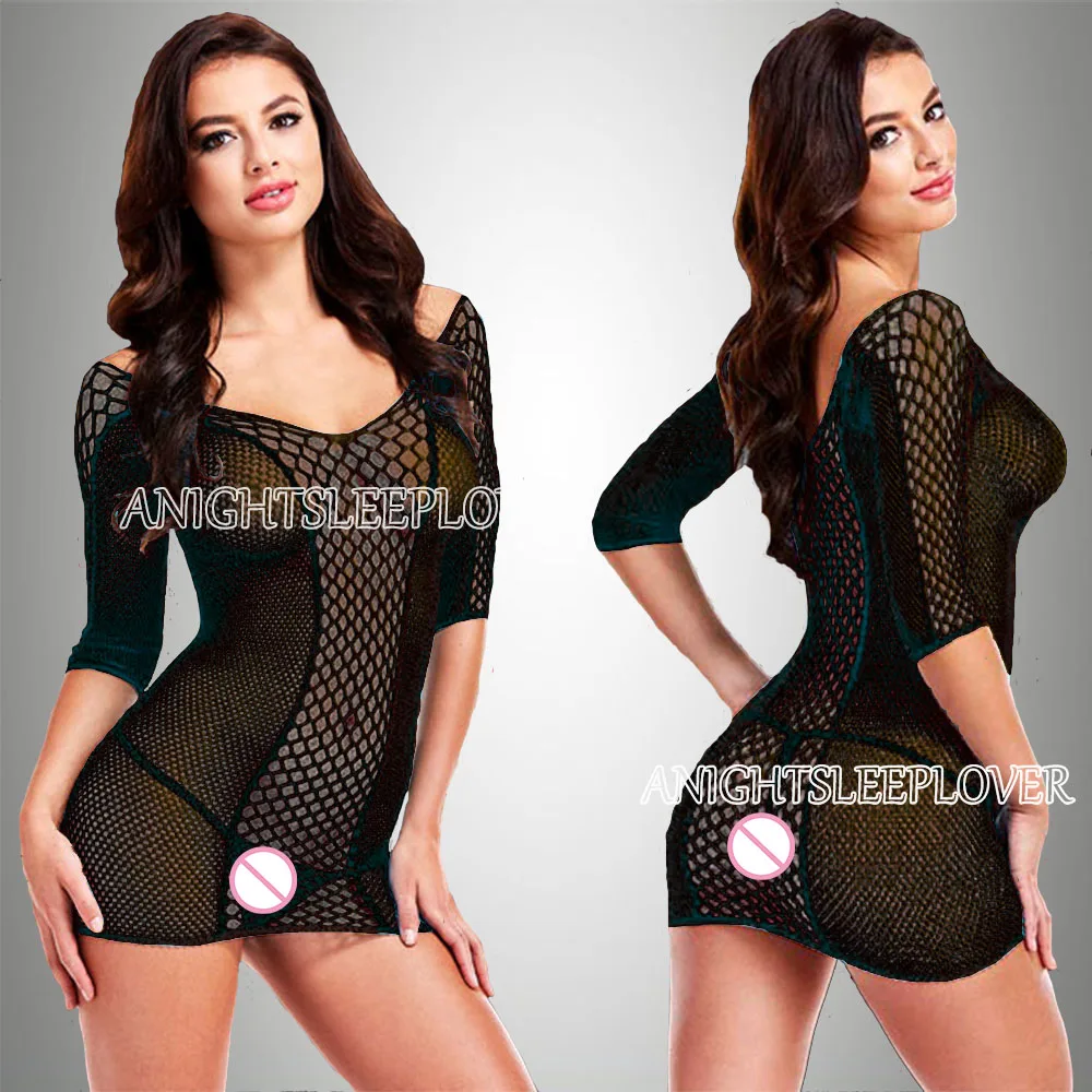 Sexi Women Fishnet Night Dress Hot Bodycon Clubwear Vestido Sexy Catsuit Erotic Transparent Midi Dresses mujer porno