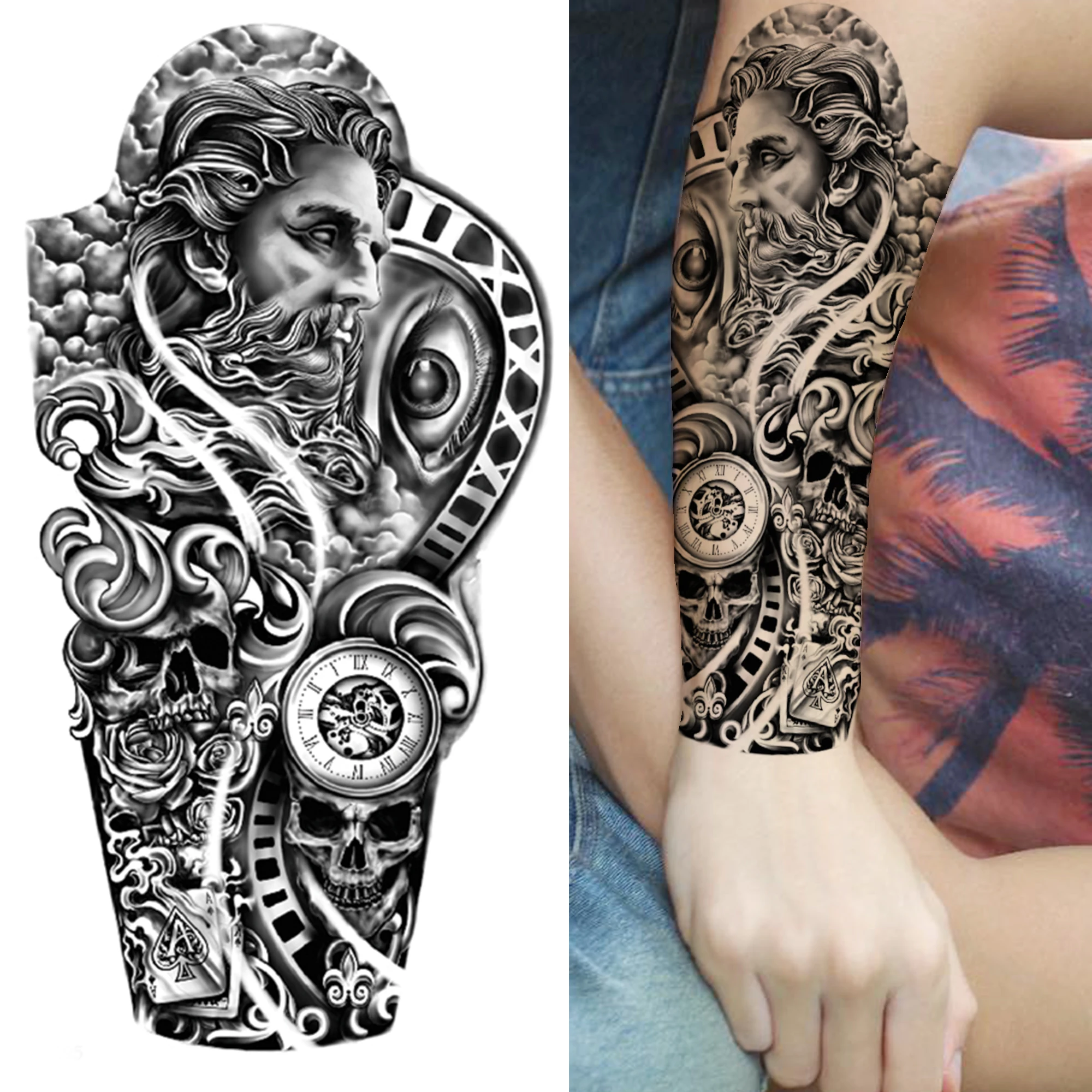 Tatuajes temporales de maquinaria 3D para mujeres y hombres, tatuaje de brújula de flor negra para adultos, pegatina de tatuaje de ojo falso del