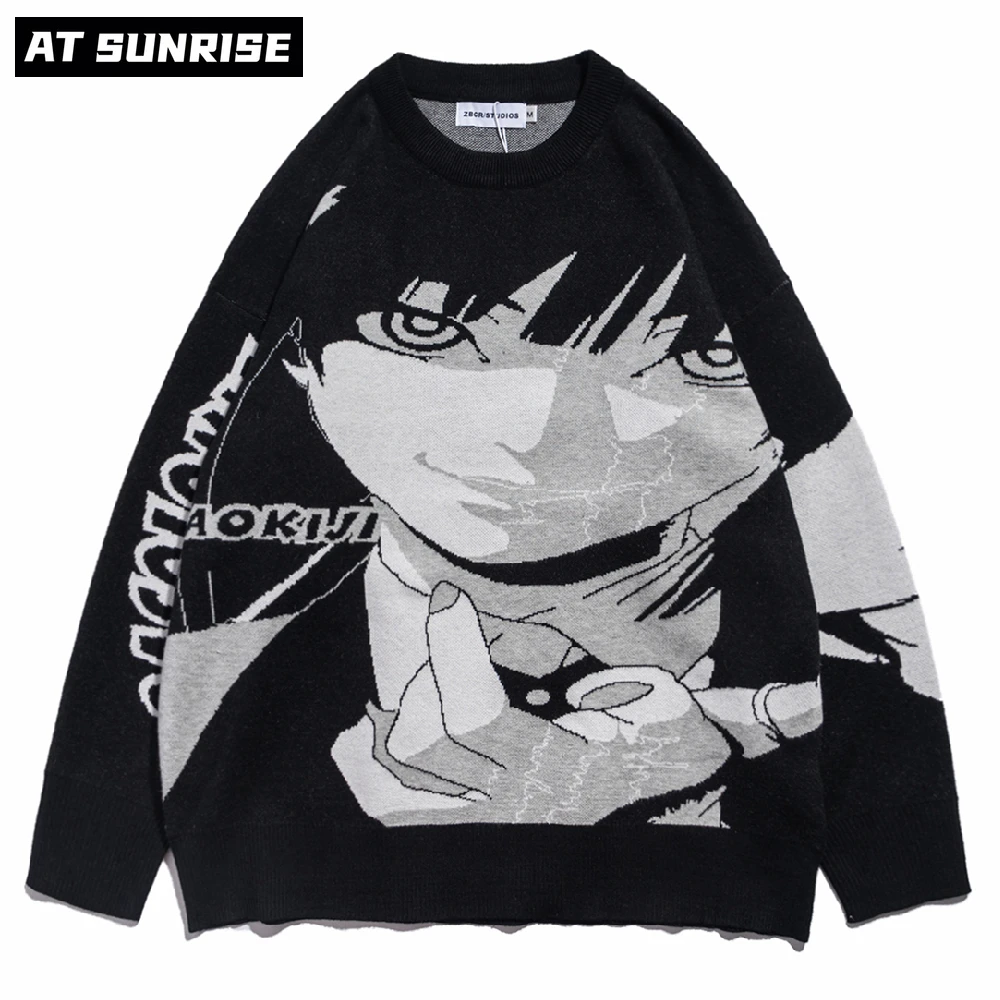 

Mens Hip Hop Streetwear Harajuku Sweater Vintage Retro Japanese Style Anime Girl Knitted Sweater 2021 Autumn Cotton Pullover