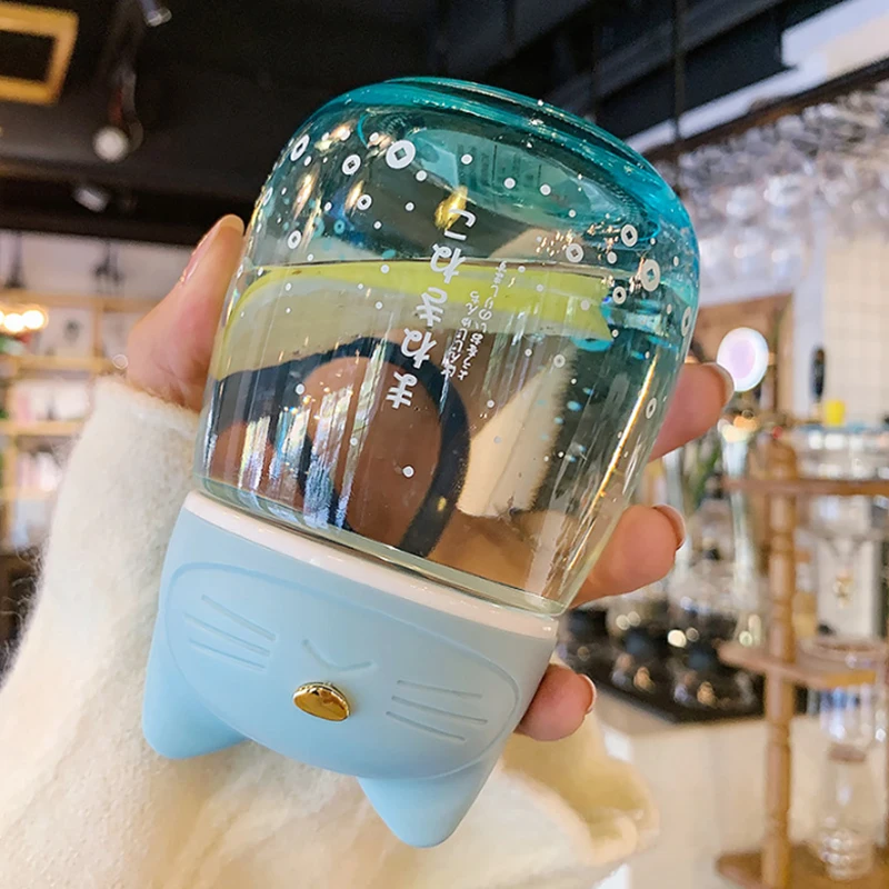 Cute water bottle creative cat design trendy cool mini glass water cup gradient color portable bottle girl child drinking gift