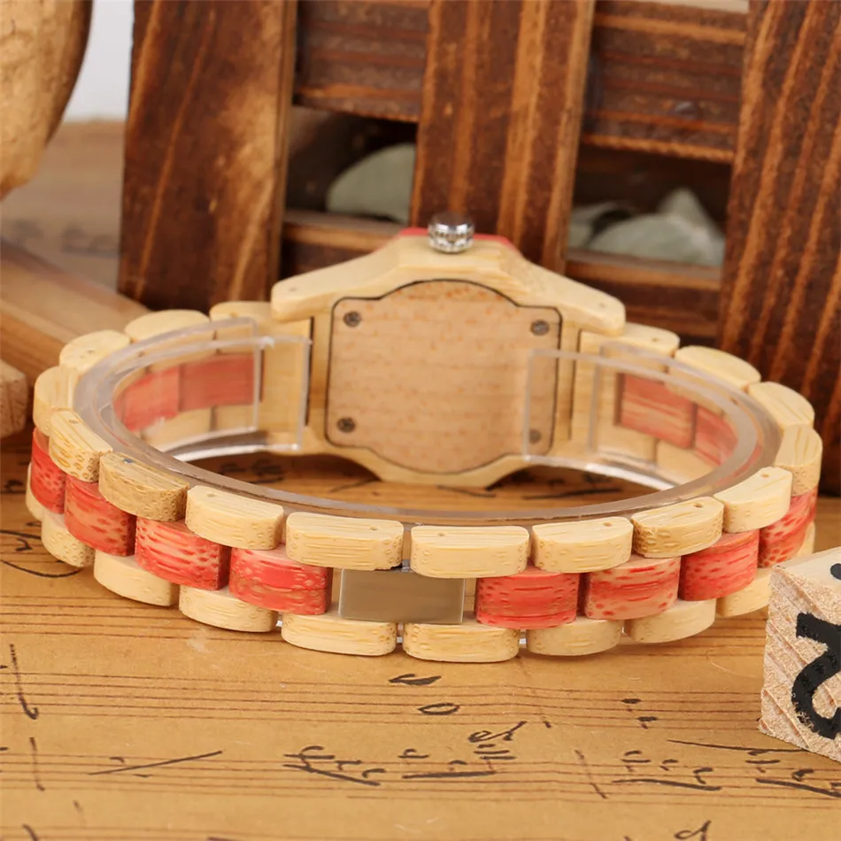 Vogue Rhinestones Display Female Wood Bracelet Wristwatch Quartz Movement Natural Full Wooden Bangle Timepiece Lady Casual Clock