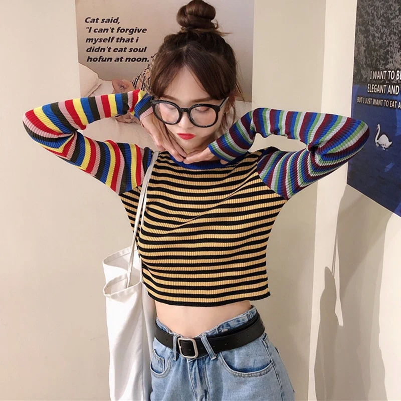 Striped Knitted T-shirt   Autumn Women Student Wind Casual Wild Slim Short T-shirt Female Crop Tops Long Sleeve T-Shirts