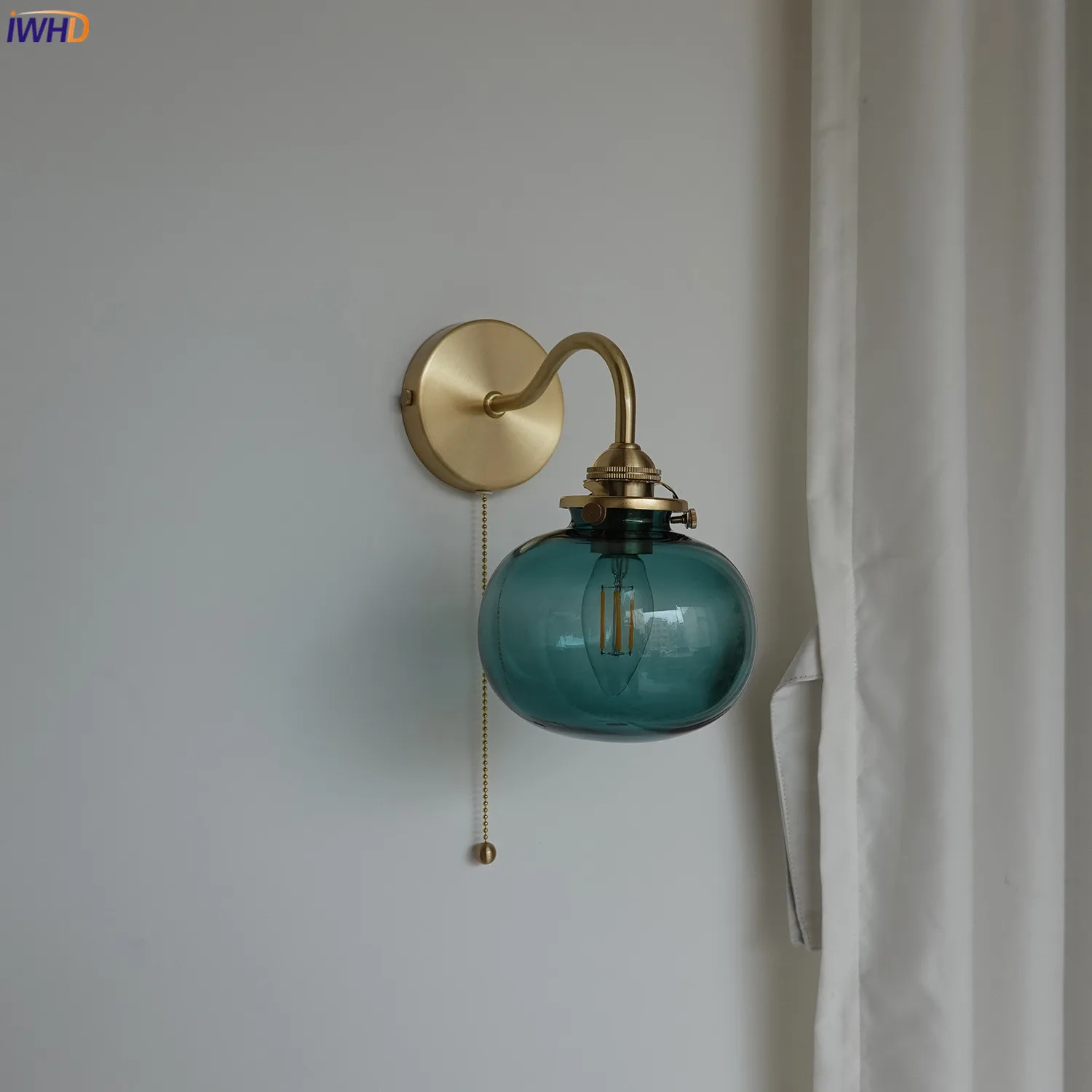 IWHD Bule Glass Ball Wall Lights For Home Pull Chain Switch Bedroom Bathroom Mirror Stair Light Nordic Modern Wall Sconce LED