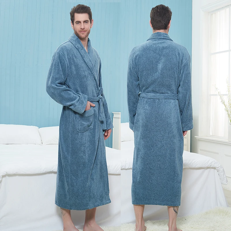 Bathrobe Man Extra Long 100% Cotton Male Thick Towel Fleece Dressing Gown Men\'s Bathrobe Winter Robe Plus Size XXL Robe Pajamas