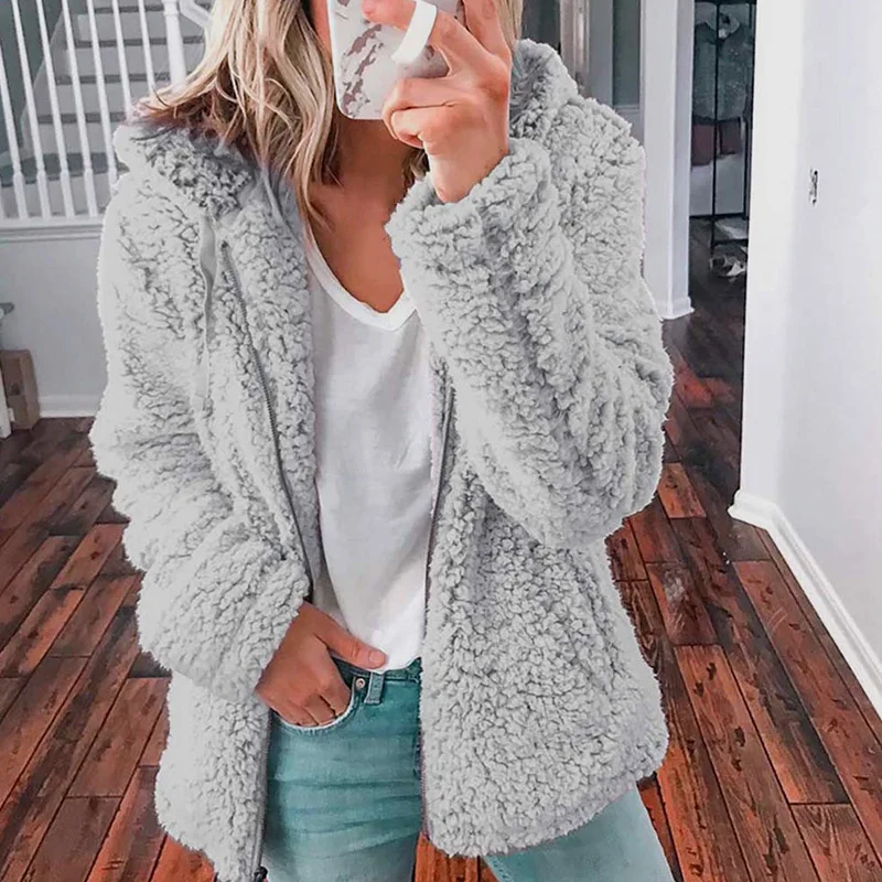 Elegant Solid Faux Fur Coat Women Autumn Winter Warm Soft Zipper Fur Jacket Female Plush Overcoat Casual Outerwear Plus Size