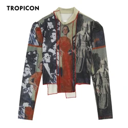 TROPICON Puff Sleeve Mesh Top Long Sleeve Blouse Asymmetrical Top And Blouses Patchwork High Neck Designer Top Fall Fashion