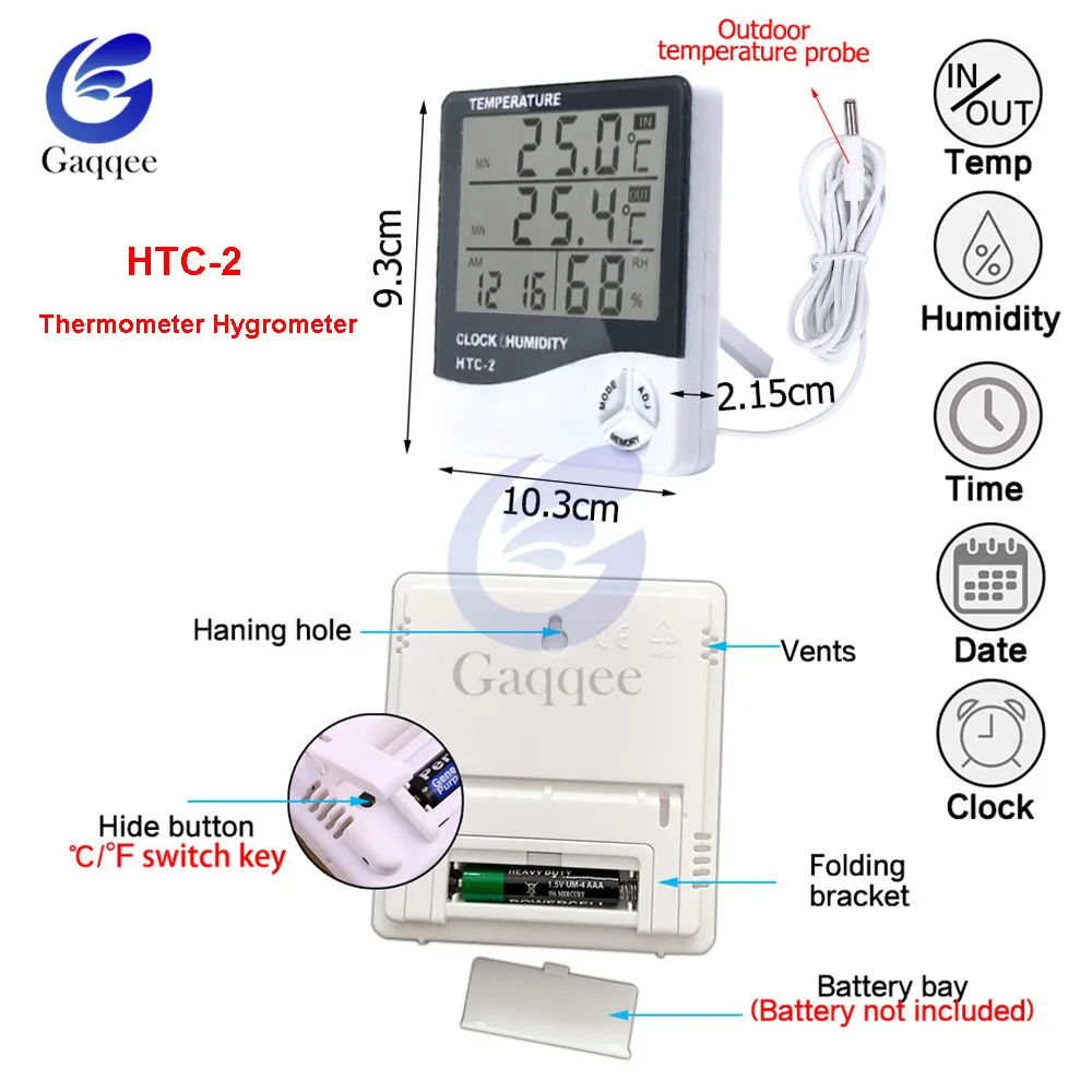 HTC-2 Temperature Humidity Meter Thermometer Hygrometer Indoor Outdoor Weather Station Clock HTC-2 LCD Digital Display