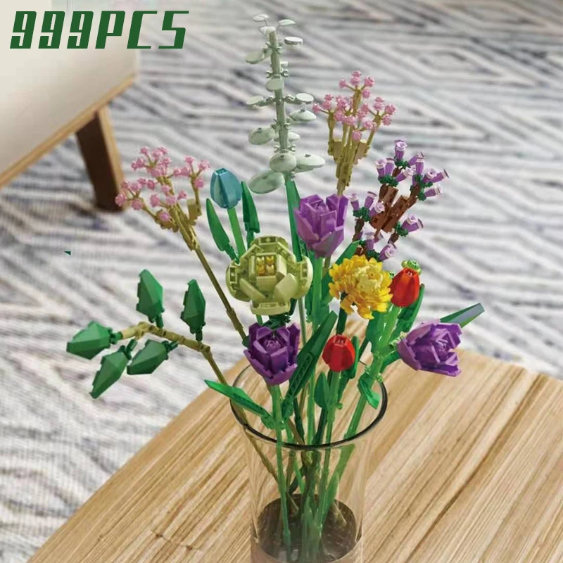 MOC 999PCS Colorful Phalaenopsis Vase Flowers Bouquets Plants Potted Blossom Ornaments Decoration Building Bricks Blocks Diy Toy