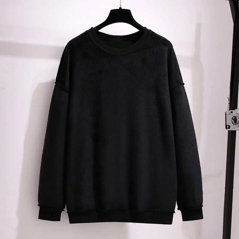 Neue Herbst Winter Plus Größe Frauen Kleidung Pullover Lange Hülse Lose Dicke Samt Warme Schwarz Sweatshirt Mantel 4XL 5XL 6XL 7XL