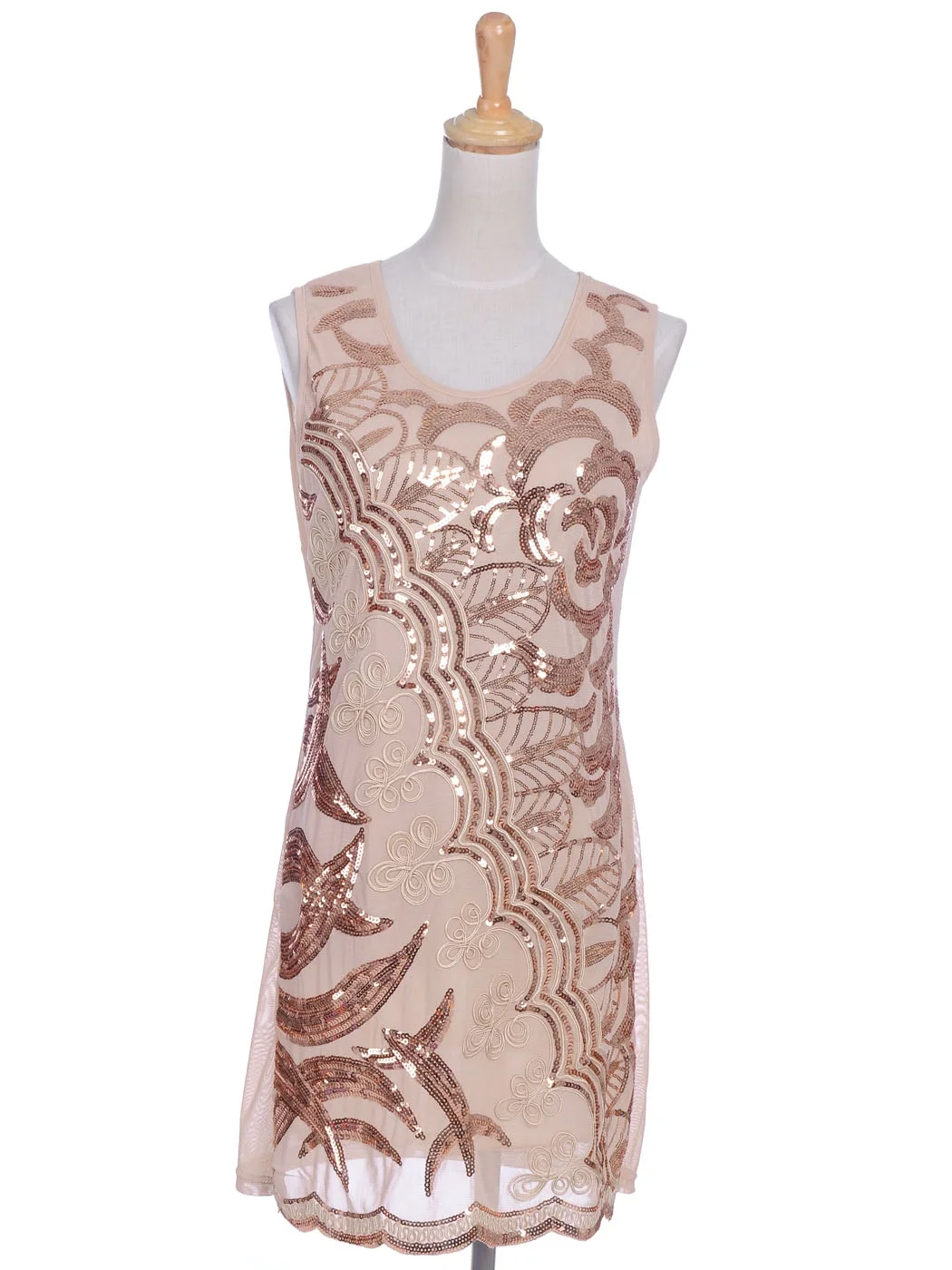 Womens Beige Art Deco Sequin Swirl Braided Scoop Neck Sleeveless Dress Summer Slim Mini Dress