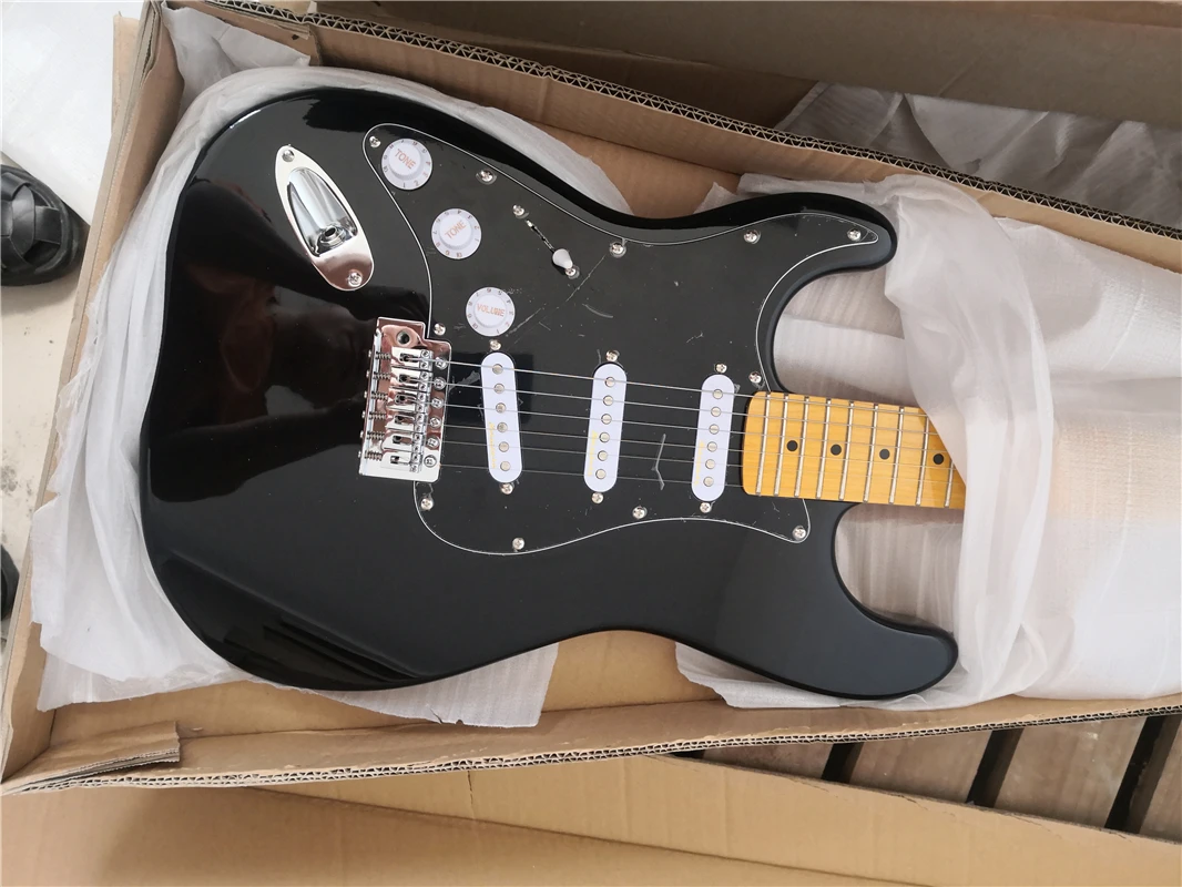 free shipping handling inventory left hand electric guitar,HHH pickups,maple neck ,chrome buttons,basswood body