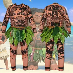 Camiseta y pantalones de tatuaje de Moana Maui para adultos, Disfraces de Halloween para hombres y mujeres, decoración de hojas, Cosplay de Halloween