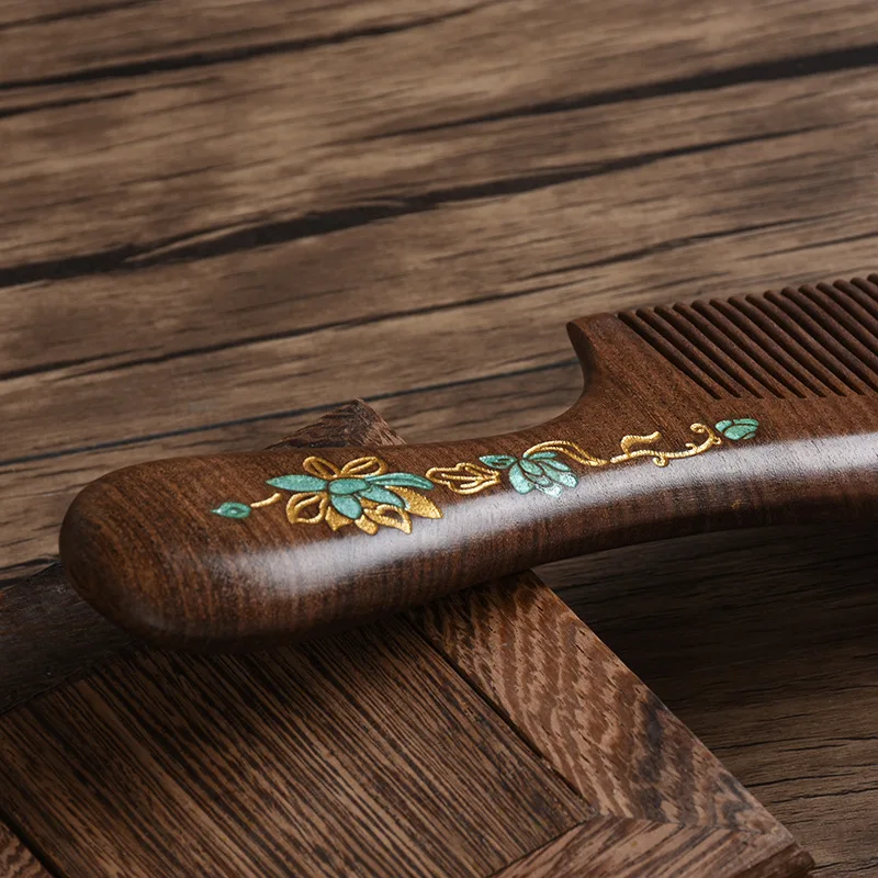 Classical Exquisite Lady Sandalwood Comb, Long Handle Fine-tooth Painted Comb, Anti-static Hair Care