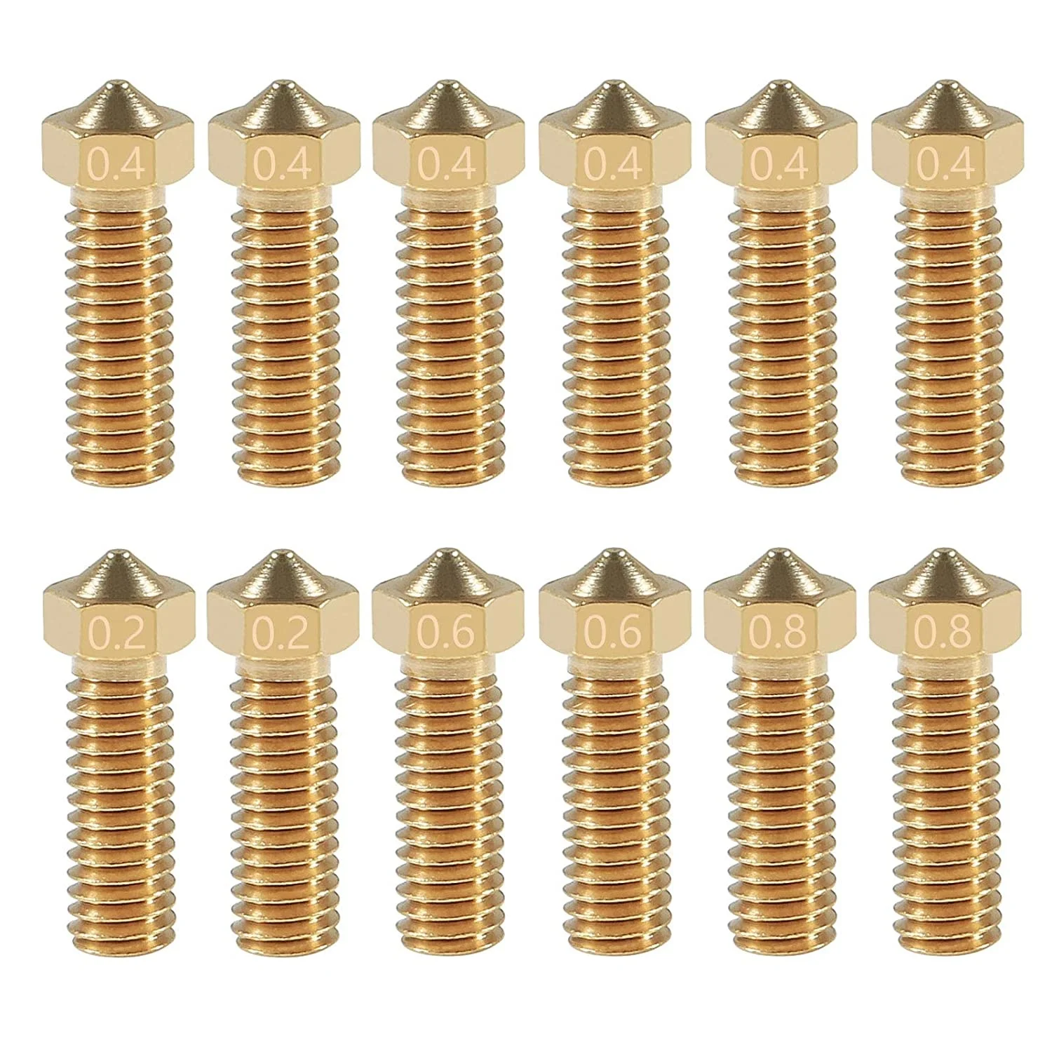 

12 PCS V6 Volcano Brass Nozzle Kit 0.2mm 0.4mm 0.6mm 0.8mm Extra Extruder Nozzles 0.4mm M6 1.75mm Filament for 3D Printer Part