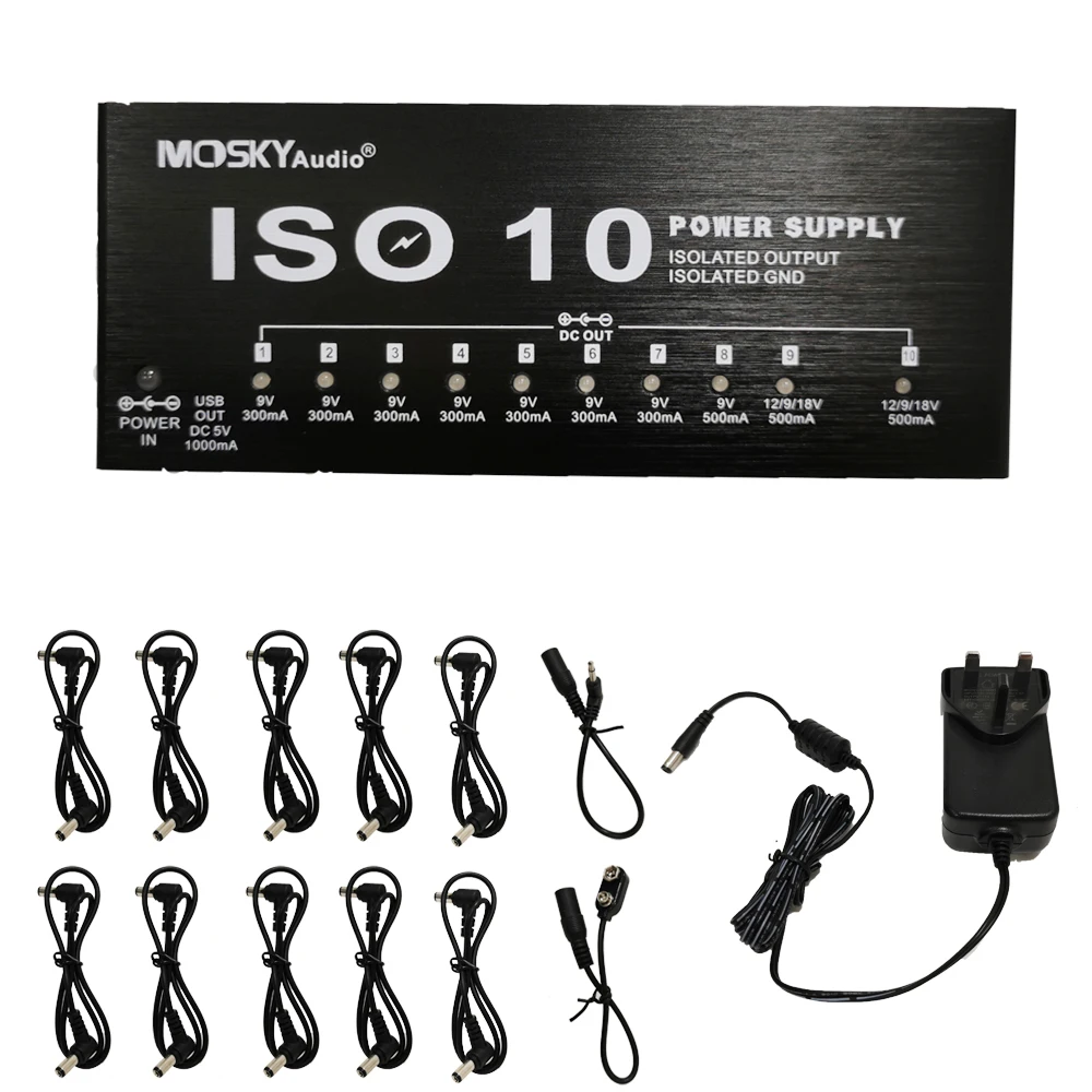 MOSKY ISO-10 Guitar Effect Pedal Power Supply 10 Isolated DC Outputs/ 5V USB Output for 9V 12V 18V Protection Guitar Accessories