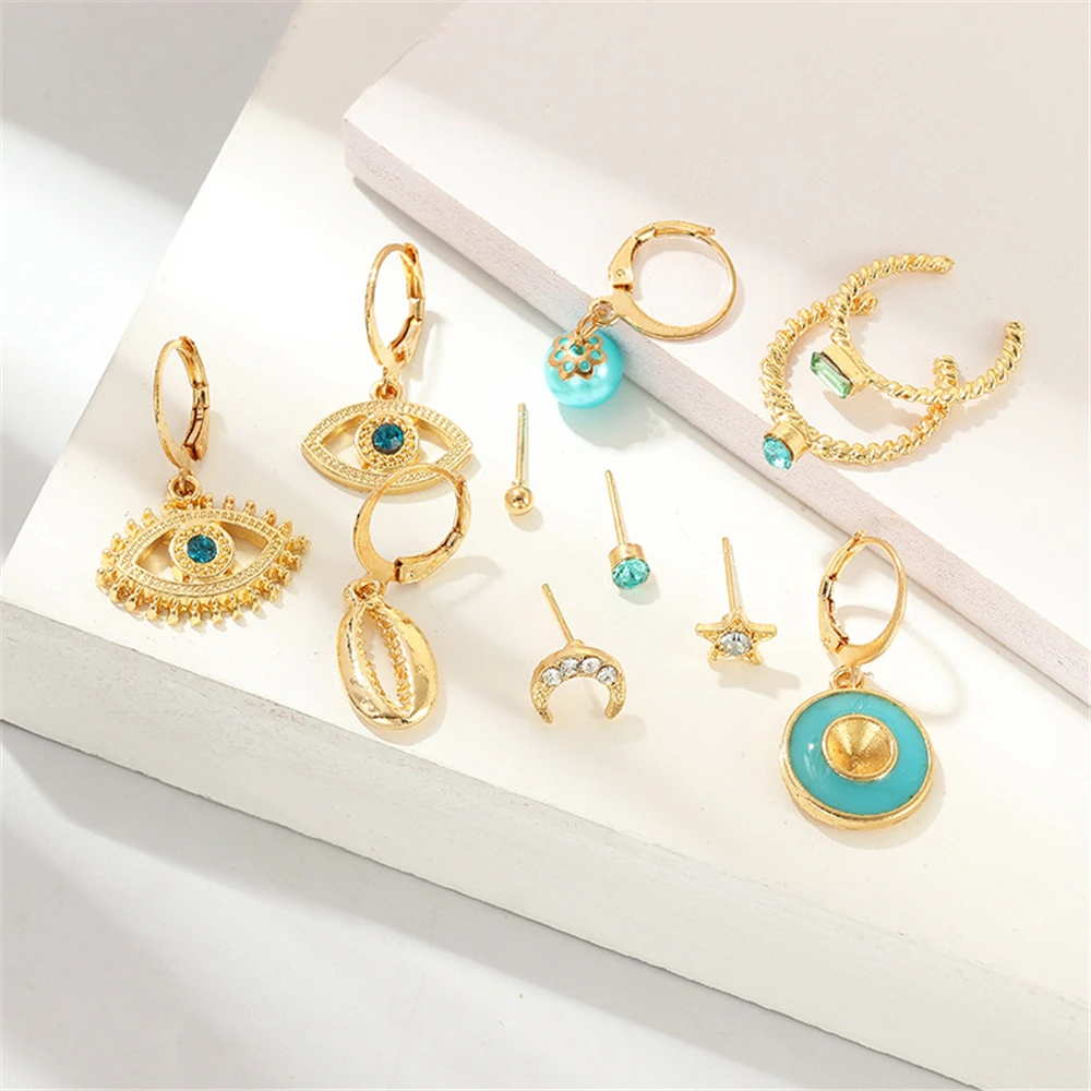 Boho Vintage Geometric Drop Earrings For Women 2020 Eyes Moon Shell Star Crystal Faux Pearls Pendant Earring Set Female Jewelry