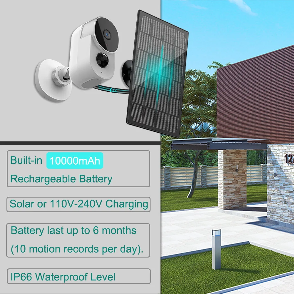 IP Camera Outdoor Solar 10000mAh Battery Surveillance Camera with Wifi Night Vision Two Way Audio AI Home Security Camera