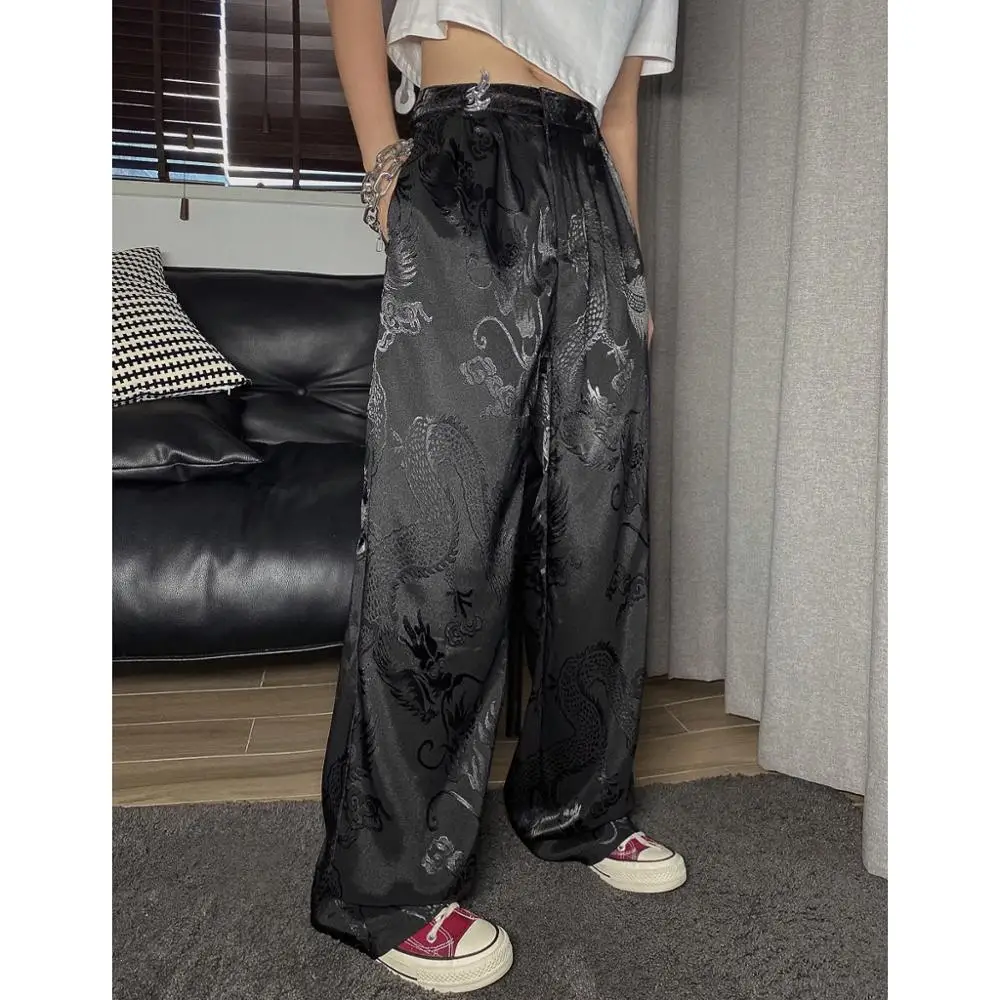 Guochao retro style Panlong totem printed vertical tube pant summer loose BF lazy wide leg pants Trousers