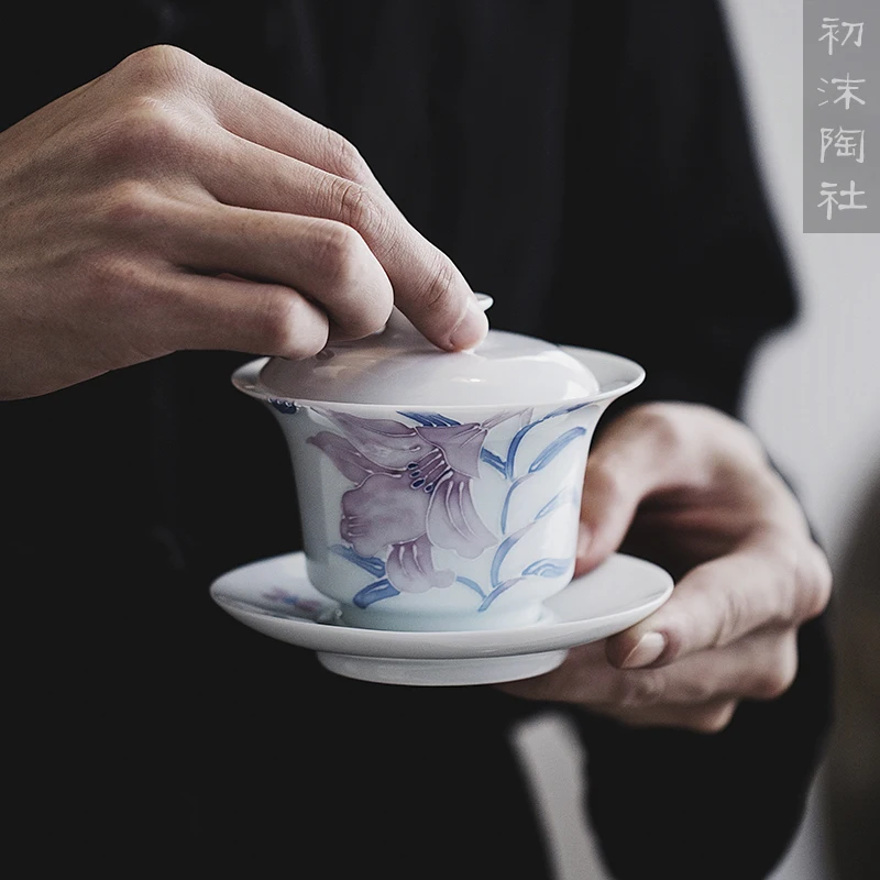 

★of the jingdezhen to have three field burning hand-painted lily to tureen kung fu tea set manually tureen tea bowl