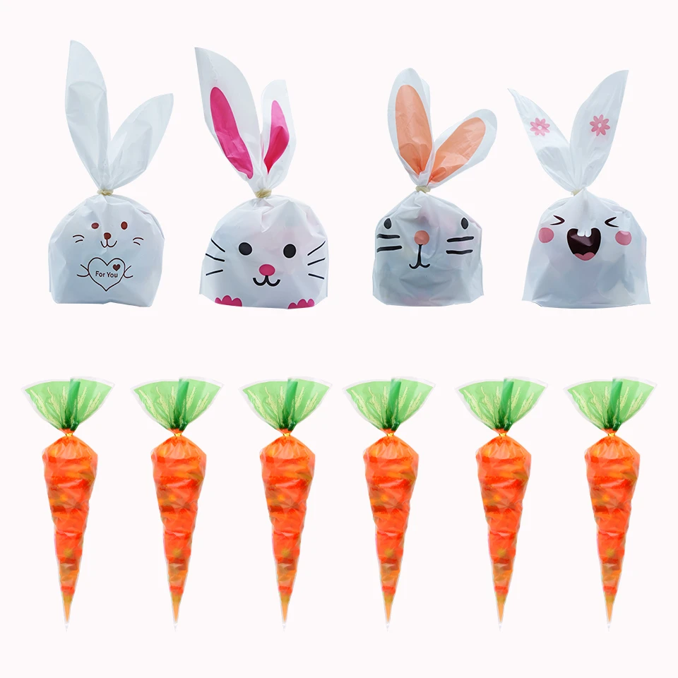 Hot Sale 20 / Batch Cute Rabbit Carrot Ear Biscuit Bag Candy Biscuit Gift Bag Snack Baking Packaging Supplies Easter Decoration