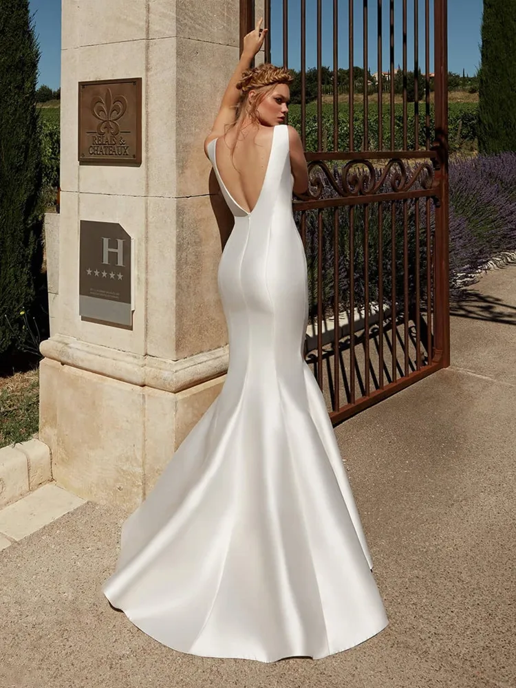 Customized Mermaid Wedding Dresses Scoop Neck Backless Stain Sweep Train Sleeveless Simple Style Summer свадебное платье 2025