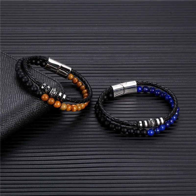 MKENDN  Men Natural Stone Genuine Braided Leather Bracelet  Stainless Steel Magnetic Clasp Iapis lazuli Bead Bracelet Jewelry