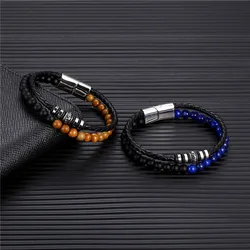 MKENDN  Men Natural Stone Genuine Braided Leather Bracelet  Stainless Steel Magnetic Clasp Iapis lazuli Bead Bracelet Jewelry