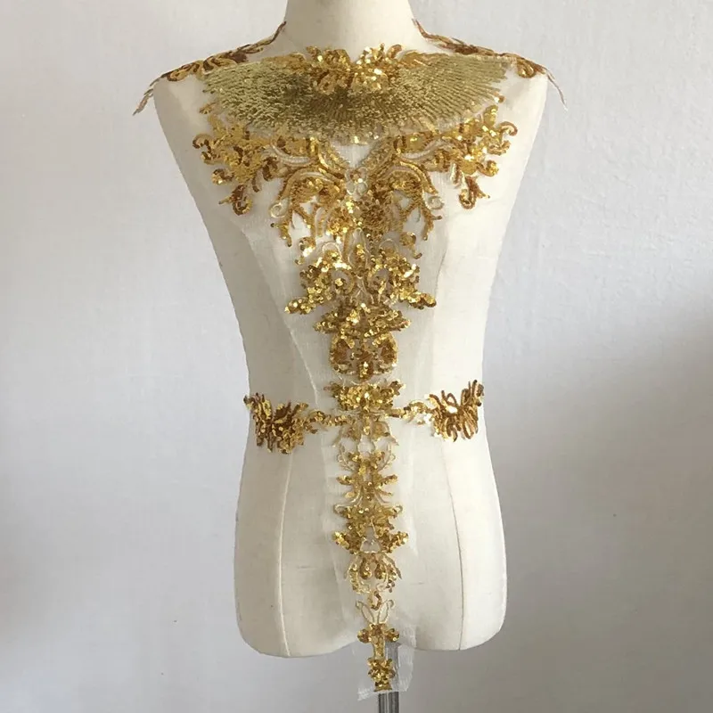 1Set 6Pcs Flower Gold Sequin Applique Mesh Embroidery Fabric Patches African Lace Sewing Wedding Dress Clothing Diy Decor Blue