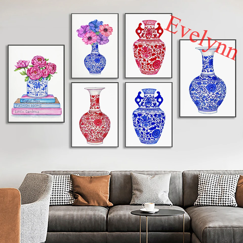 

Chinoiserie Vase Blue And White Porcelain Poster, East Asian Wall Art, Blue Red Vase Printable, Oriental Home Decor Canvas Gift