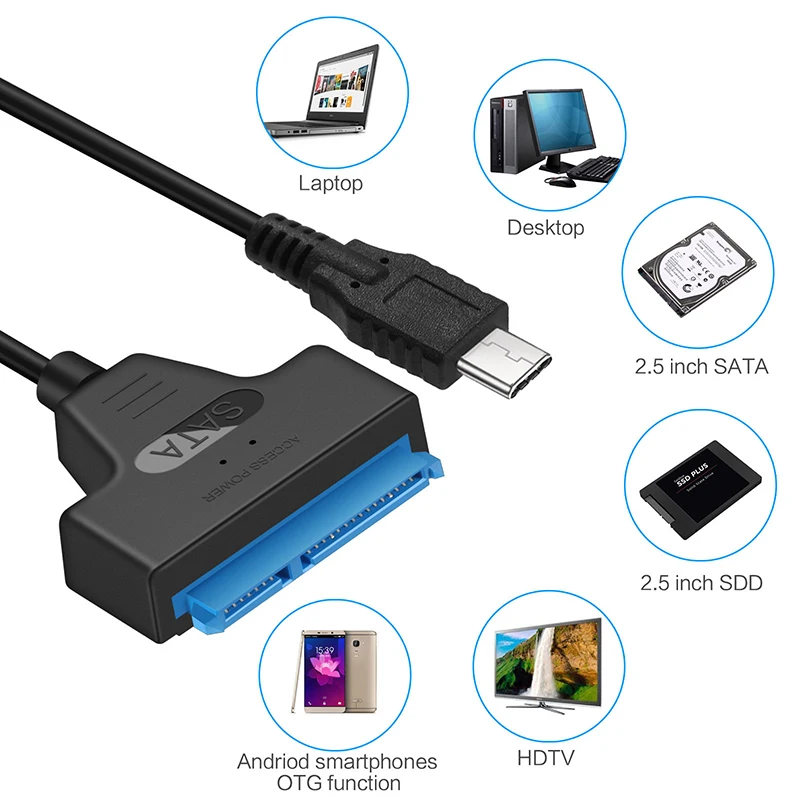 Adaptador a USB C USB 3,1, Cable tipo C a SATA, transmisión de datos de alta velocidad de 6Gbps para disco duro HDD de 2,5 pulgadas, adaptador SATA