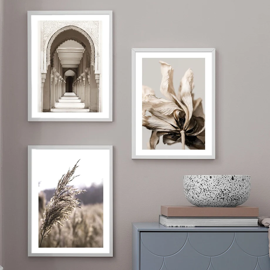 Natural Reed Grass Cotton Flower Arch Poster Wall Art Prints Abstract Line Canvas Painting Decoration Pictures For Living Room