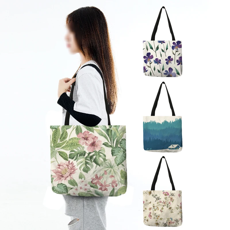 Fresh Flower Print Handbag Women Ladies Fashion Casual Tote Travel Shopping Bags for Grocery Supermarket