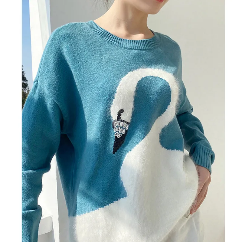 

Good Quality Women Korean Winter Sweater Ladies White Swan Sweaters Diamond Beaded Knitted Autumn Pullovers Knitwear NS108