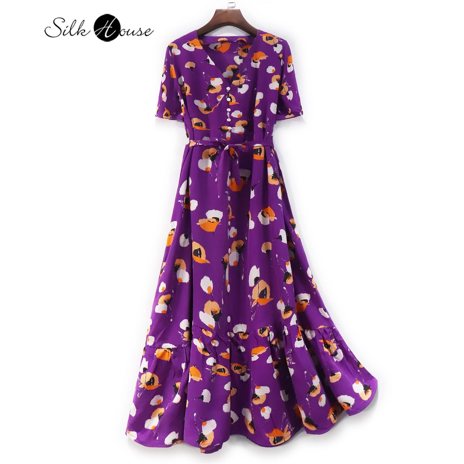 

Large Mulberry Silk Dress Retro Women's Fashion New Silk Long Skirt Fishtail Lotus Leaf Skirt Button V-neck Summer