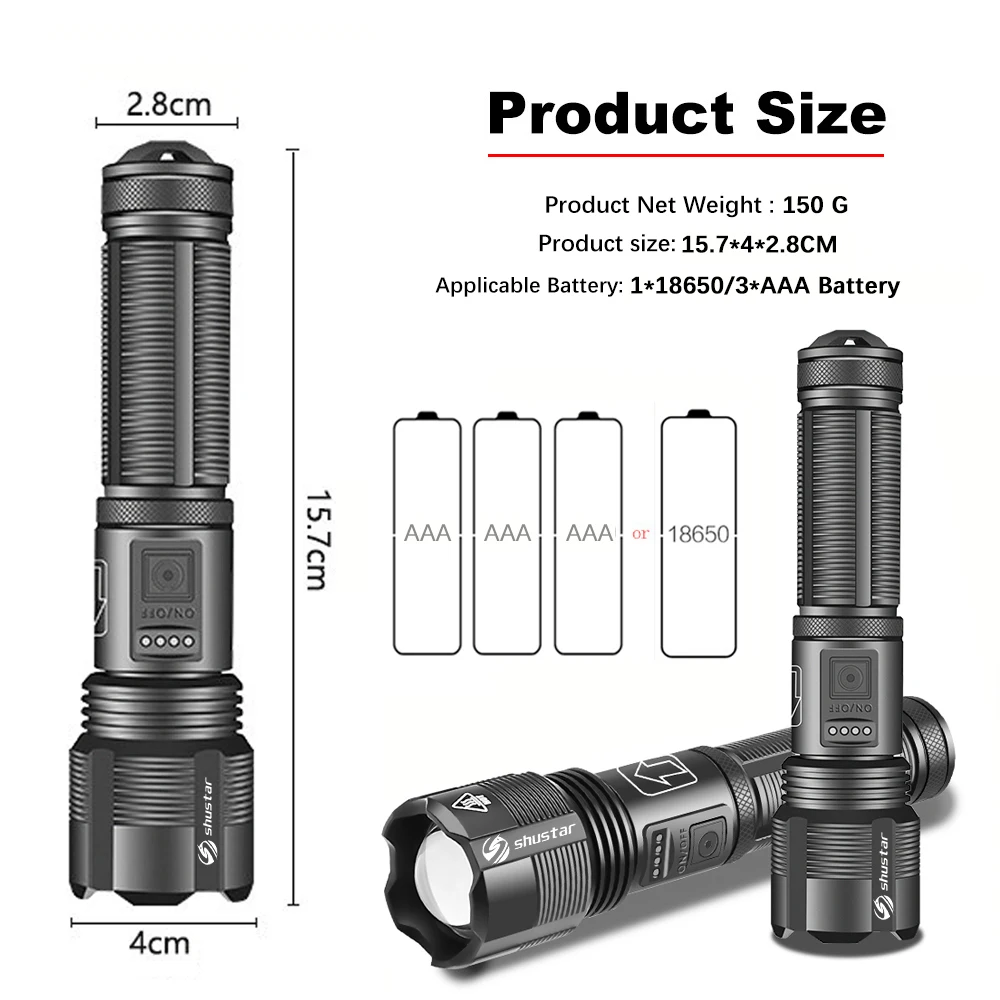 Super Bright 4 Core P70.2 LED Flashlight with Battery Display 5 Lighting Modes for Adventure, Hiking, Camping, Hunting, Etc.