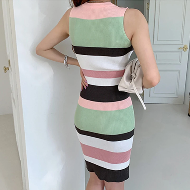 H Han Queen Elegant Occupation Sleeveless Knitted Dress Women Autumn Stretch Striped Bodycon Dresses Wear To Work Pencil Vestido