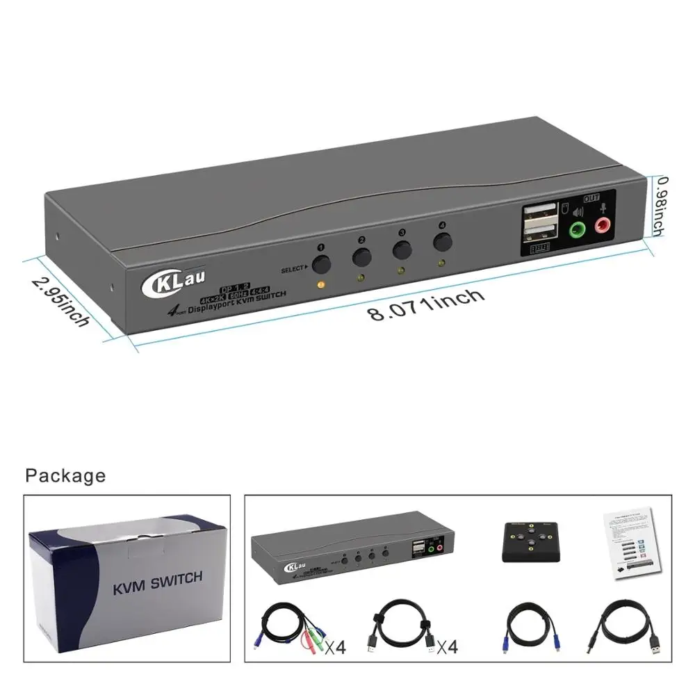 4Port Displayport  KVM Switch , DP KVM switch with Audio and Microphone Resolution Up to 4Kx2K@60Hz 4:4:4