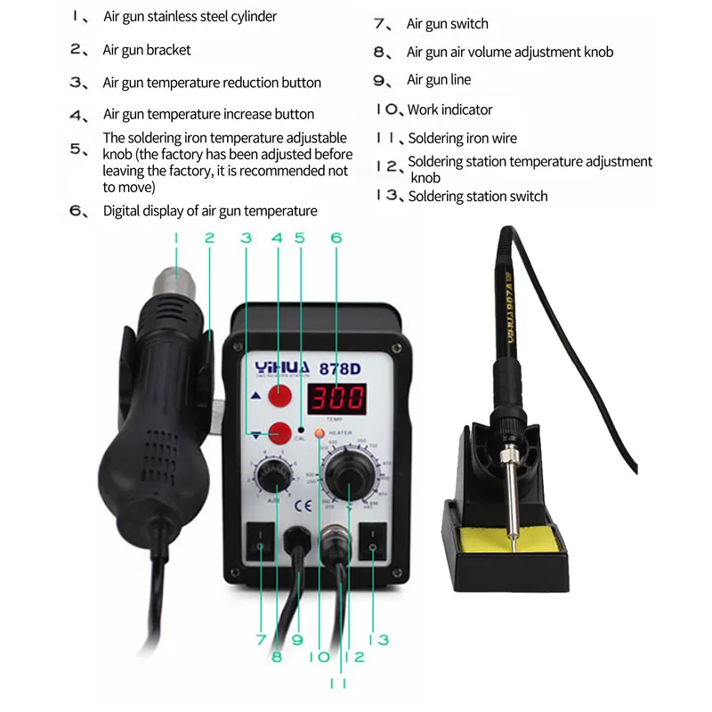 YIHUA-878D 용접기, 220V, 미니 SMD 2 인 1 납땜 재작업 스테이션