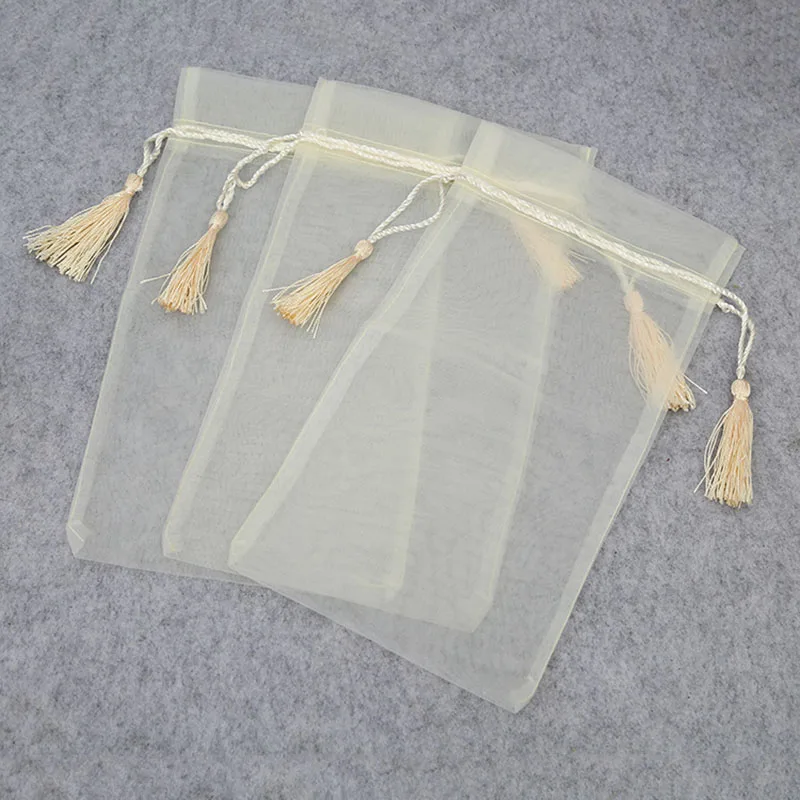 50pcs beige Organza Bags with tassel 6x12 10x15 15x28cm display Jewelry Gift Drawstrings Package Bag storage Yarn gauze Pouch